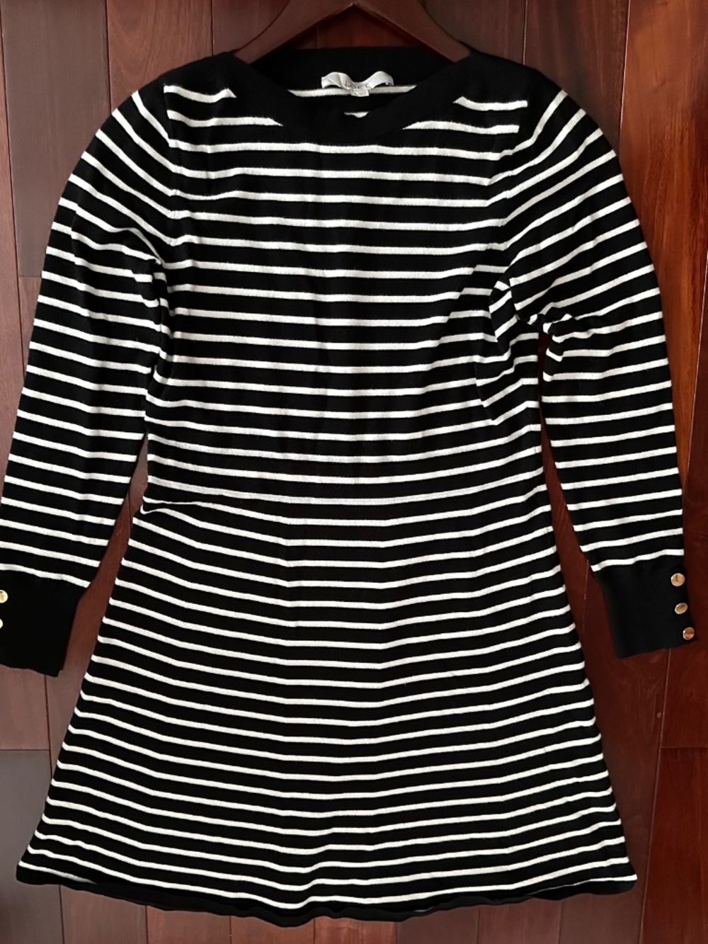 LOFT Dress Black White Horizontal Stripe Long Sleeves 3-Gold Button Size M EUC
